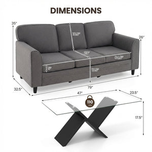 Contemporary Living Room Furniture Suite: Modern 3-Seat Teddy Velvet Sofa + 47-Inch Glass Coffee Table view 4