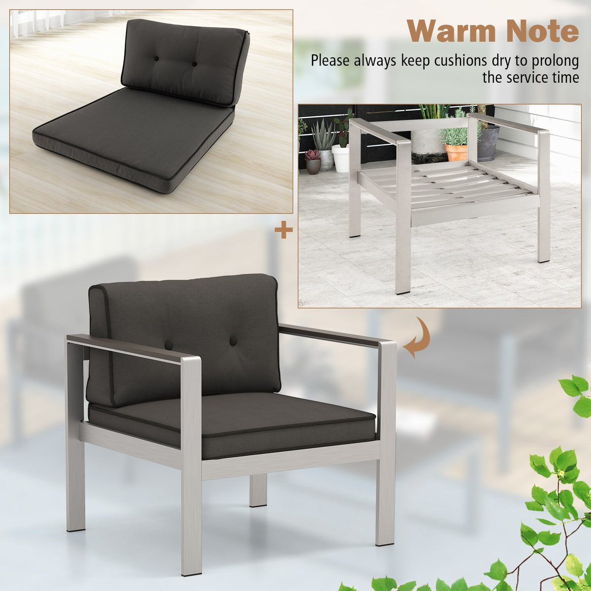 Contemporary Sofa Chair with WPC Armrests and Back Cushions-Gray view 8