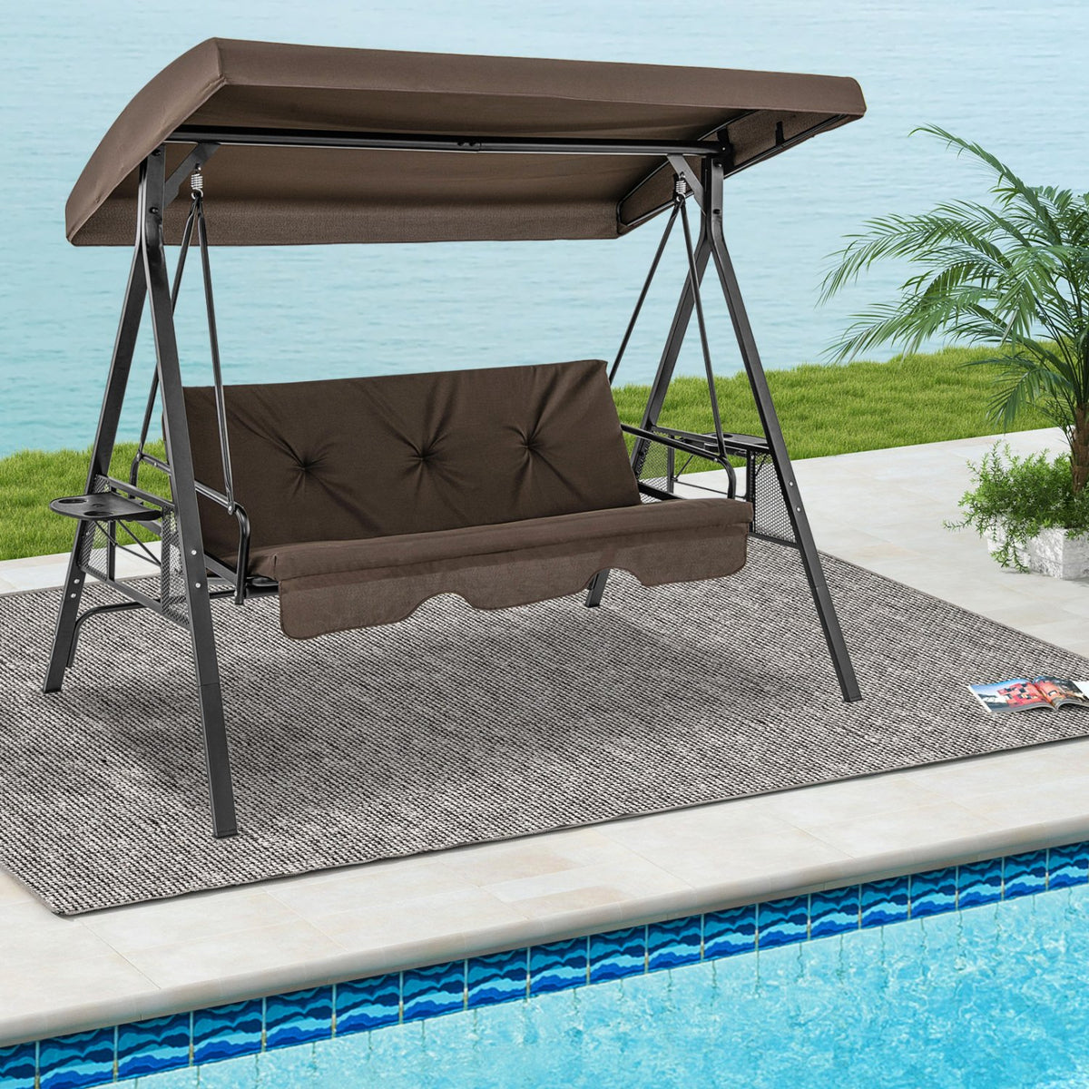 Convertible 3-Seat Patio Porch Swing Chair to Flat Bed with Adjustable Canopy-Brown view 2