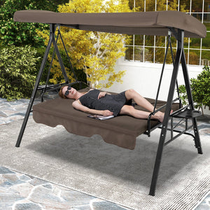 Convertible 3-Seat Patio Porch Swing Chair to Flat Bed with Adjustable Canopy-Brown view 3