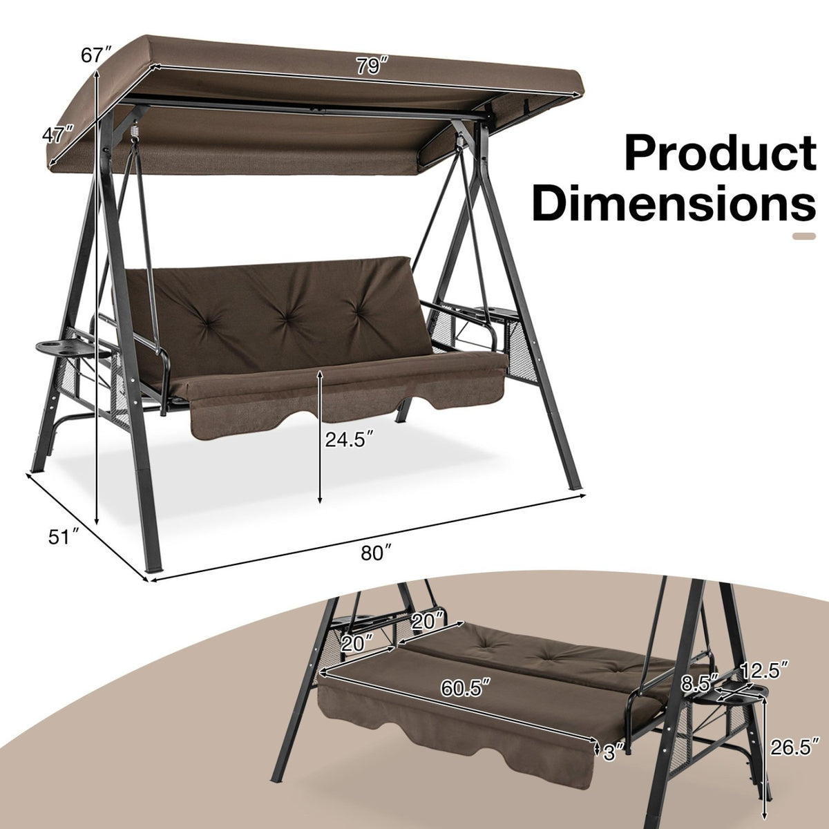 Convertible 3-Seat Patio Porch Swing Chair to Flat Bed with Adjustable Canopy-Brown view 4