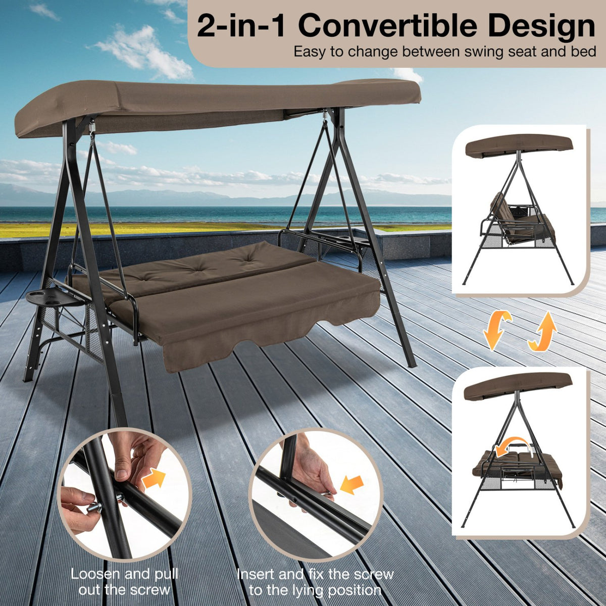 Convertible 3-Seat Patio Porch Swing Chair to Flat Bed with Adjustable Canopy-Brown view 8