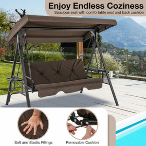 Convertible 3-Seat Patio Porch Swing Chair to Flat Bed with Adjustable Canopy-Brown view 9