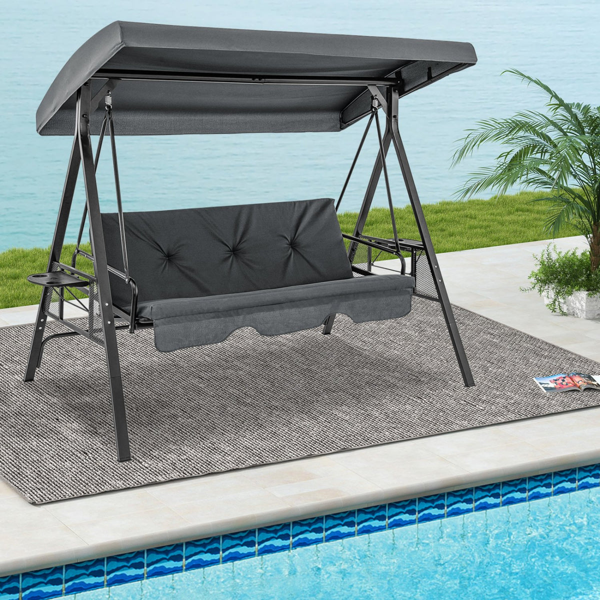 Convertible 3-Seat Patio Porch Swing Chair to Flat Bed with Adjustable Canopy-Gray view 2