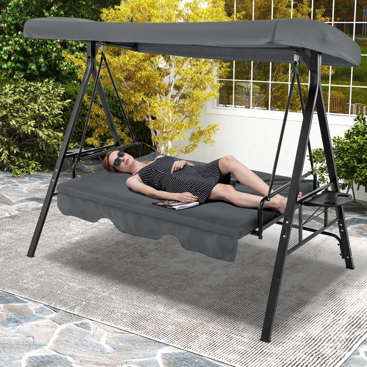 Convertible 3-Seat Patio Porch Swing Chair to Flat Bed with Adjustable Canopy-Gray view 3