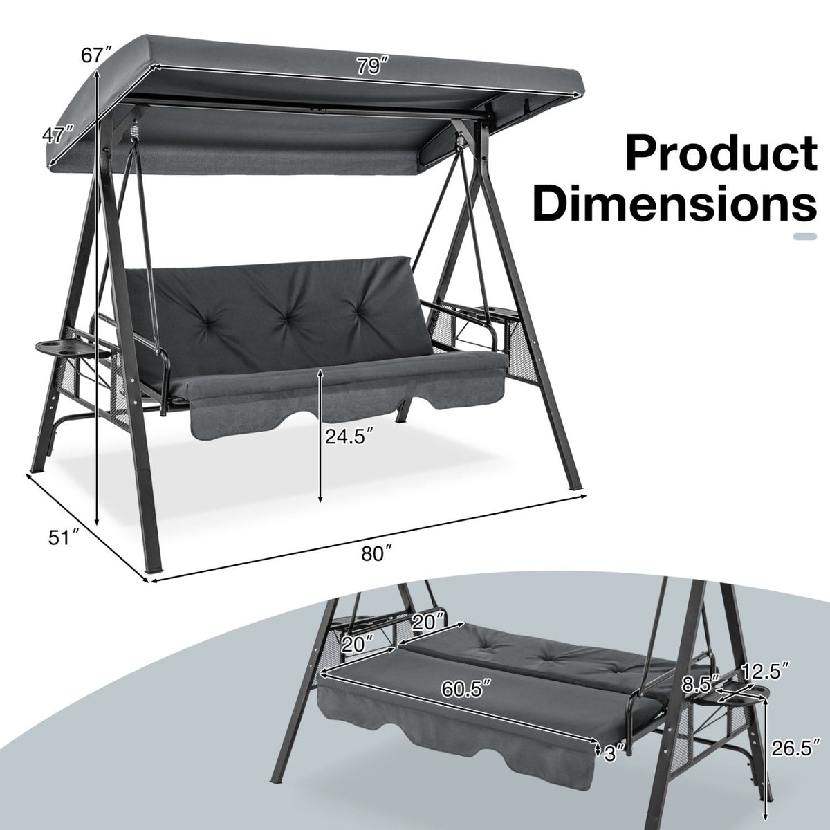 Convertible 3-Seat Patio Porch Swing Chair to Flat Bed with Adjustable Canopy-Gray view 4