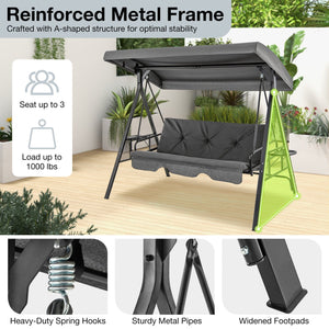 Convertible 3-Seat Patio Porch Swing Chair to Flat Bed with Adjustable Canopy-Gray view 6
