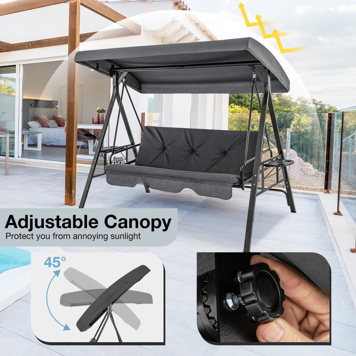 Convertible 3-Seat Patio Porch Swing Chair to Flat Bed with Adjustable Canopy-Gray view 7