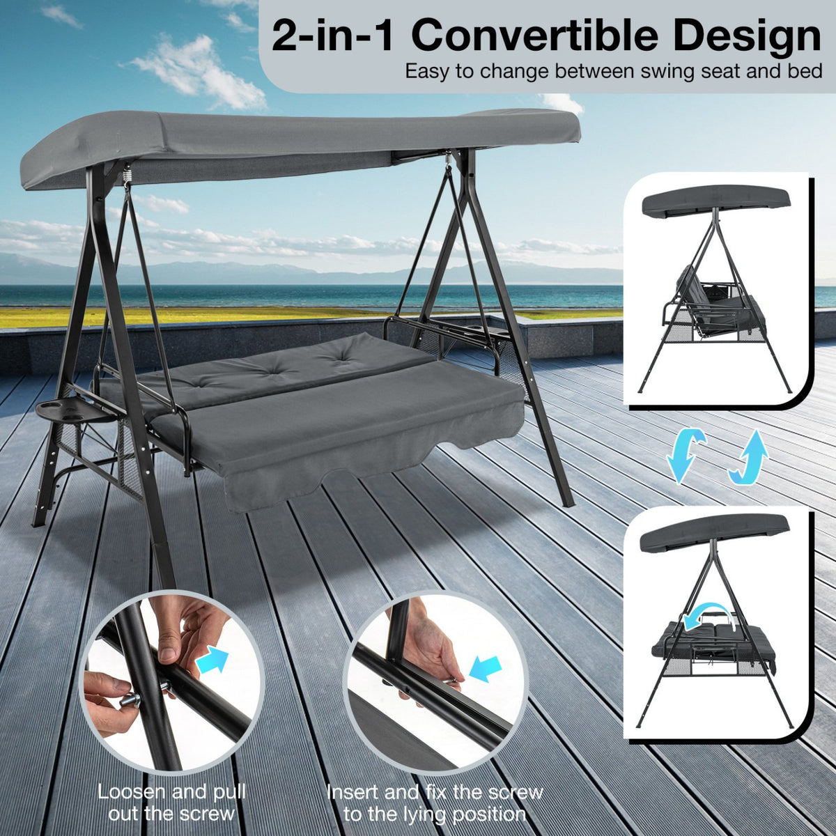 Convertible 3-Seat Patio Porch Swing Chair to Flat Bed with Adjustable Canopy-Gray view 9