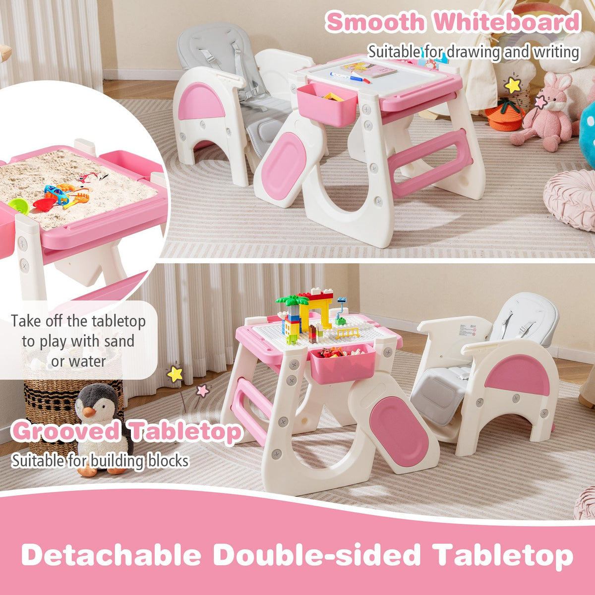 Convertible Baby High Chair with Double-layer Tray and Adjustable Backrest-Pink view 6