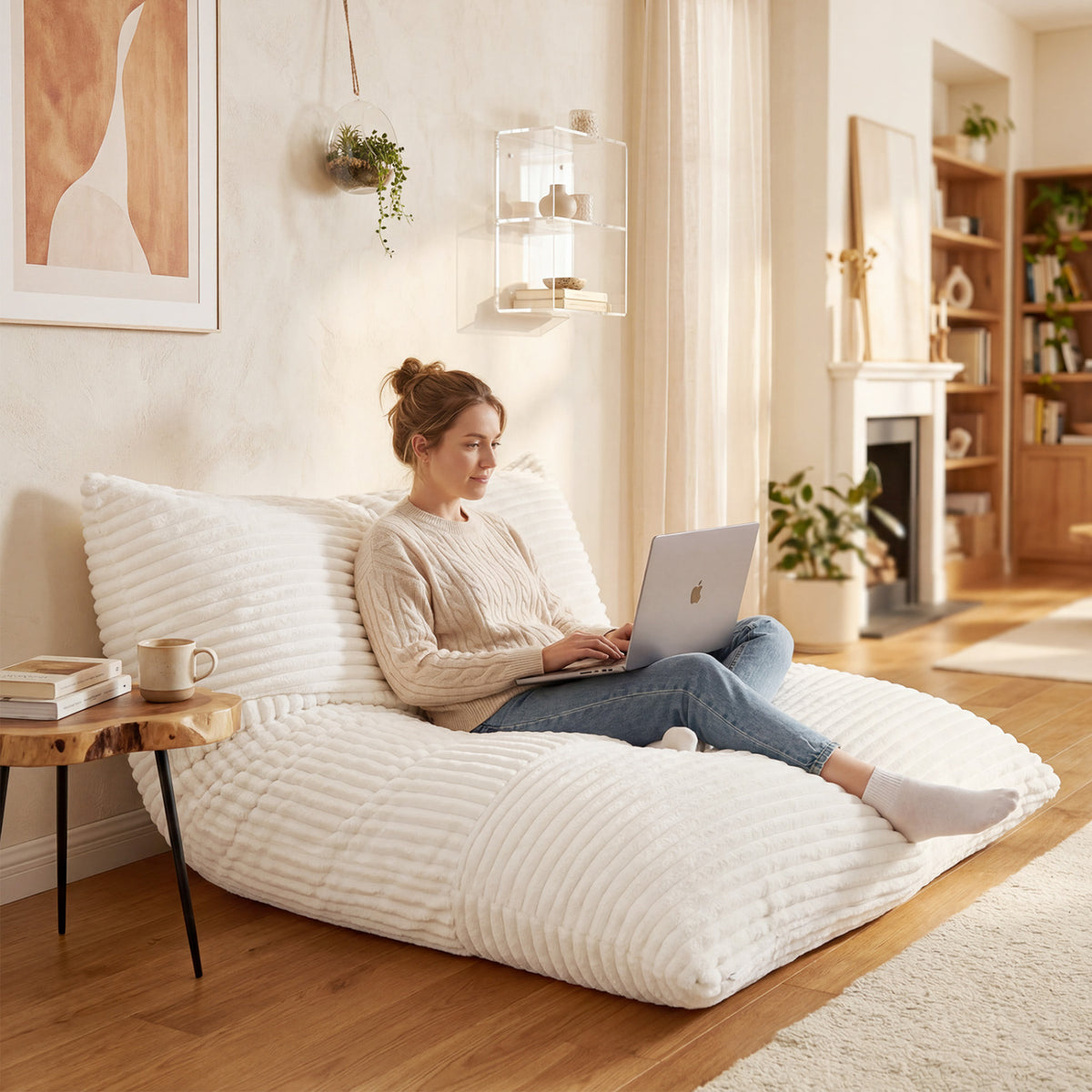 Convertible Bean Bag Floor Sofa with Machine-washable Corduroy Cover-Beige view 2