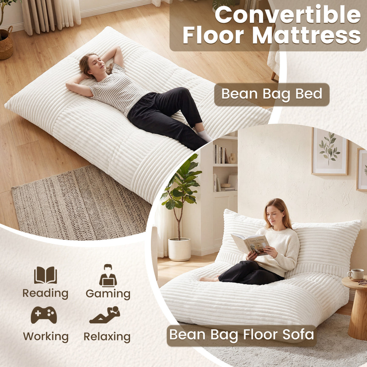 Convertible Bean Bag Floor Sofa with Machine-washable Corduroy Cover-Beige view 6