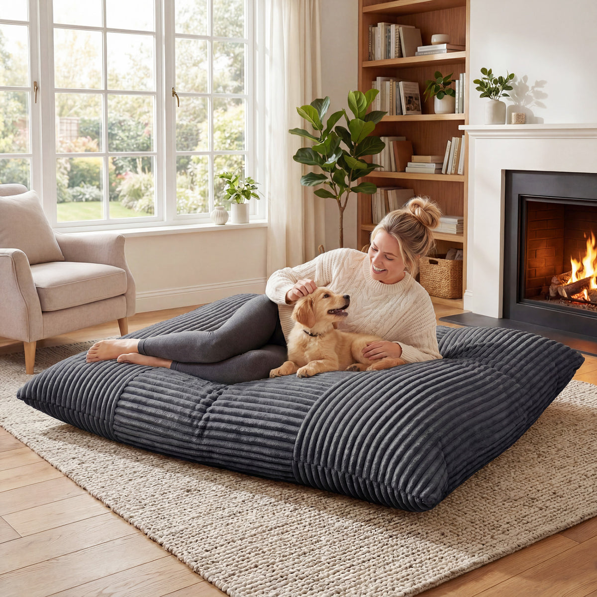 Convertible Bean Bag Floor Sofa with Machine-washable Corduroy Cover-Dark Gray view 2