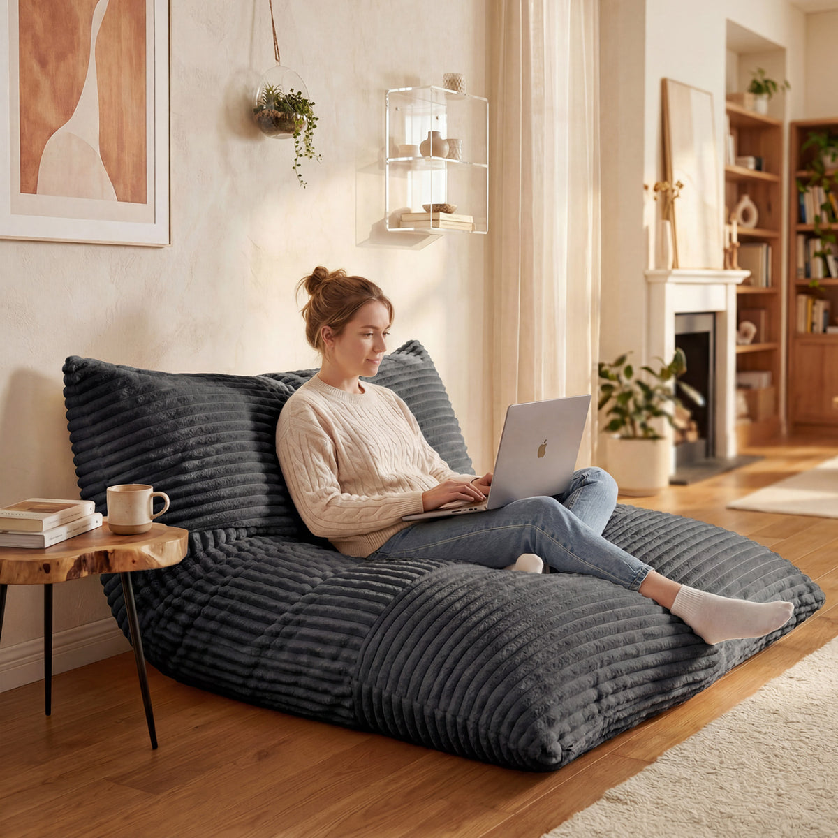 Convertible Bean Bag Floor Sofa with Machine-washable Corduroy Cover-Dark Gray view 3