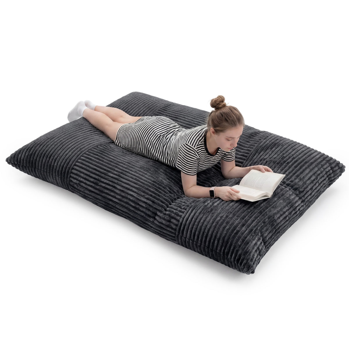 Convertible Bean Bag Floor Sofa with Machine-washable Corduroy Cover-Dark Gray view 4
