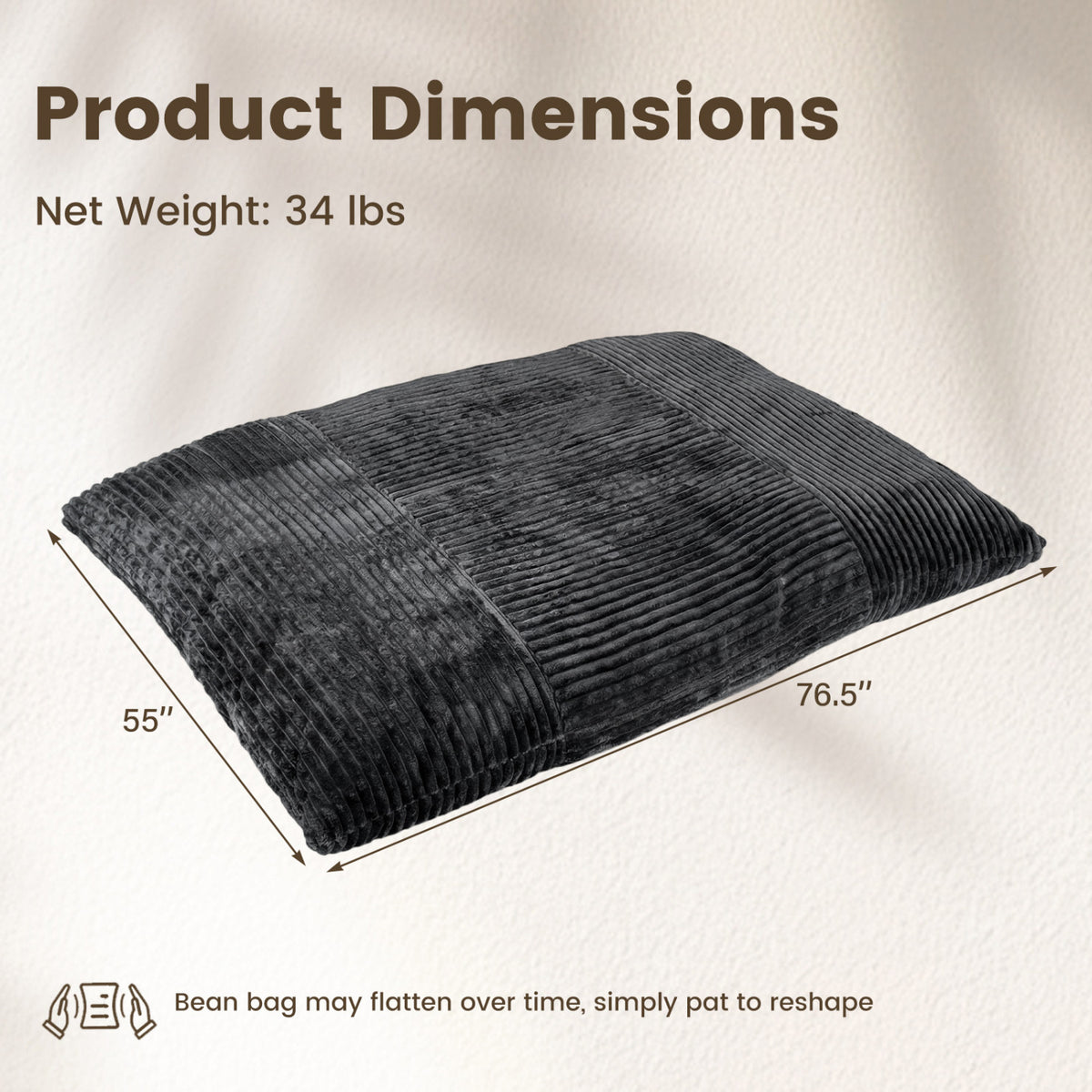 Convertible Bean Bag Floor Sofa with Machine-washable Corduroy Cover-Dark Gray view 5