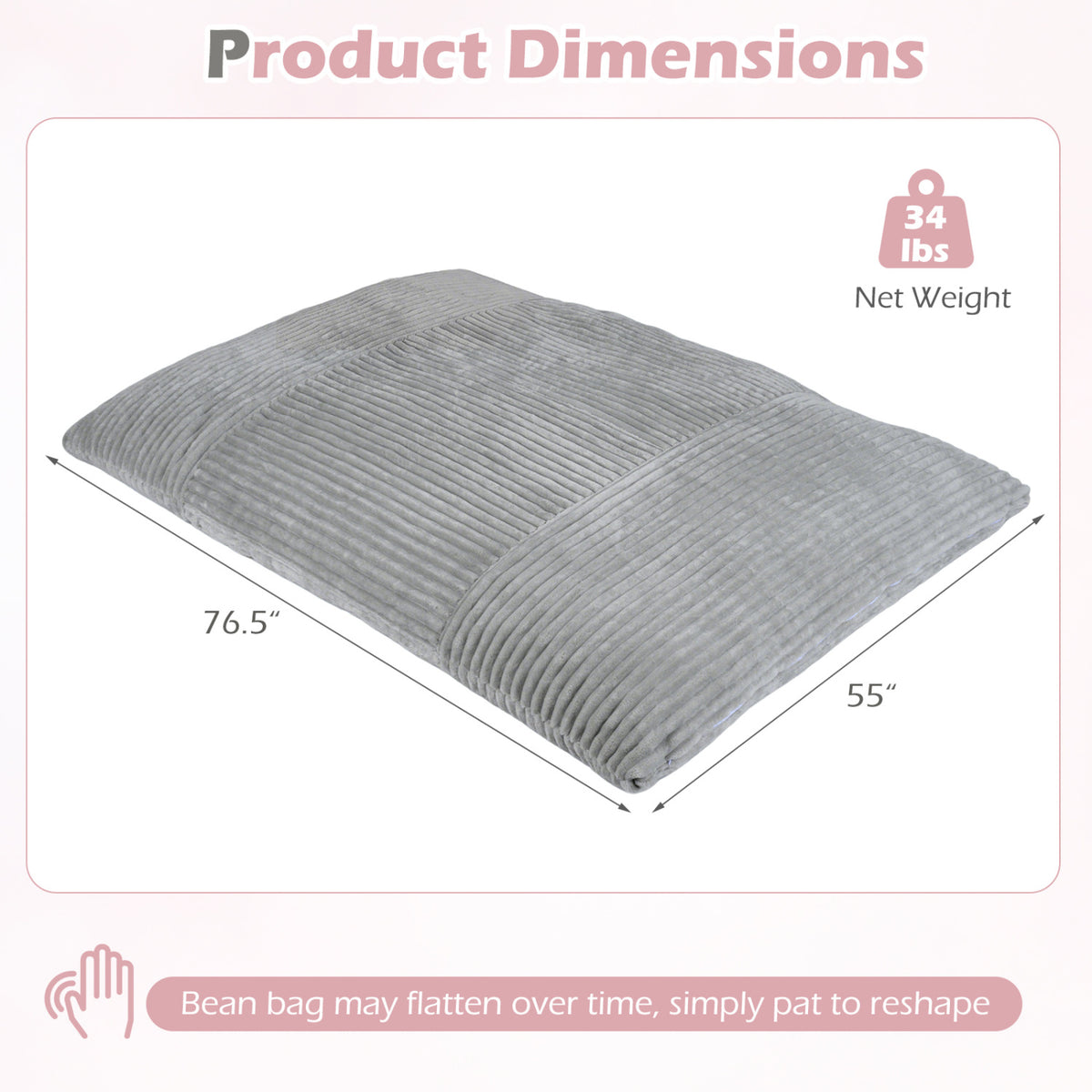 Convertible Bean Bag Floor Sofa with Machine-washable Corduroy Cover-Gray view 5