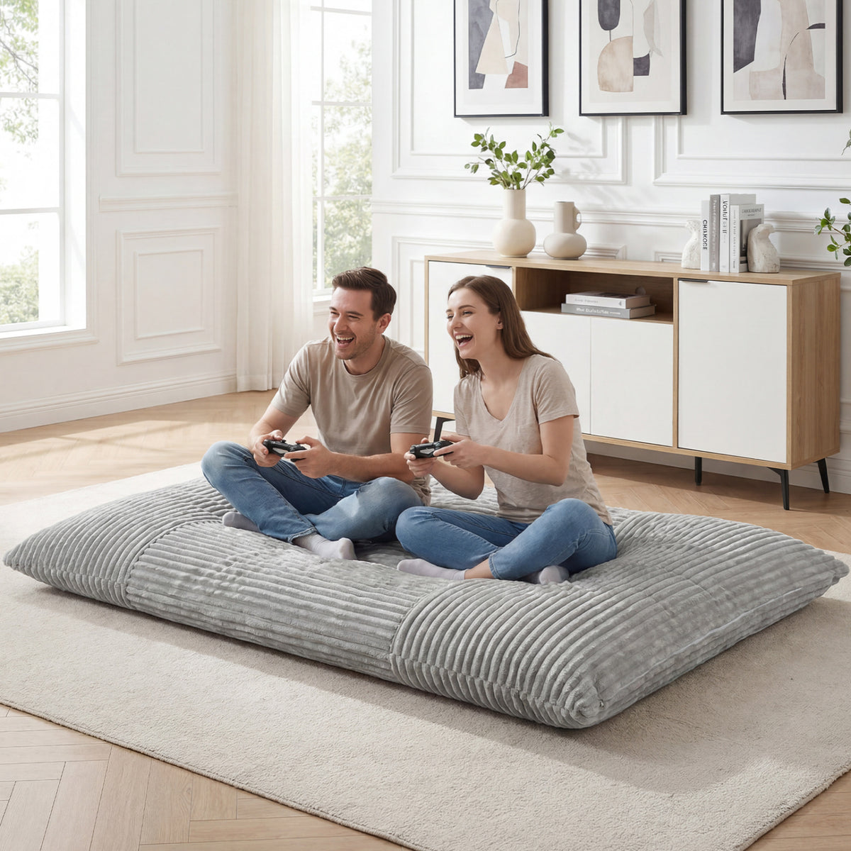 Convertible Bean Bag Floor Sofa with Machine-washable Corduroy Cover-Gray view 6