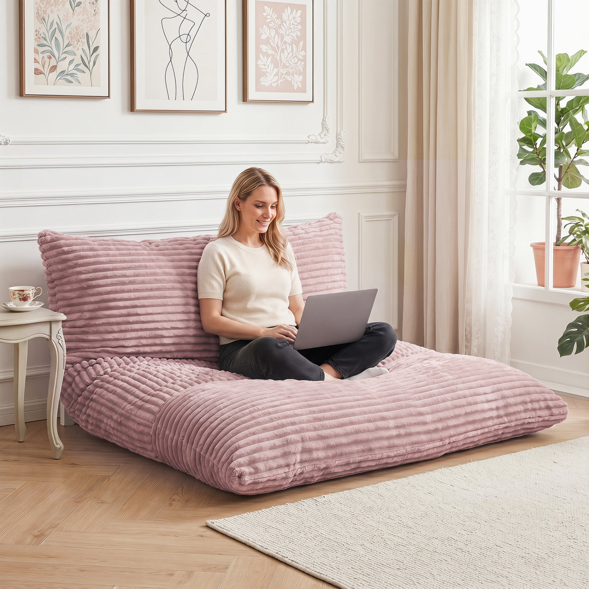 Convertible Bean Bag Floor Sofa with Machine-washable Corduroy Cover-Pink view 3