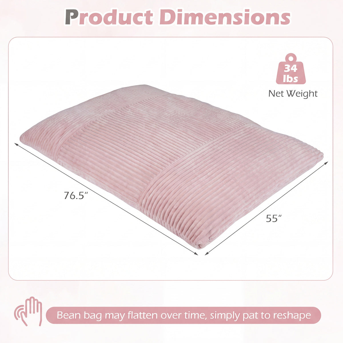Convertible Bean Bag Floor Sofa with Machine-washable Corduroy Cover-Pink view 5