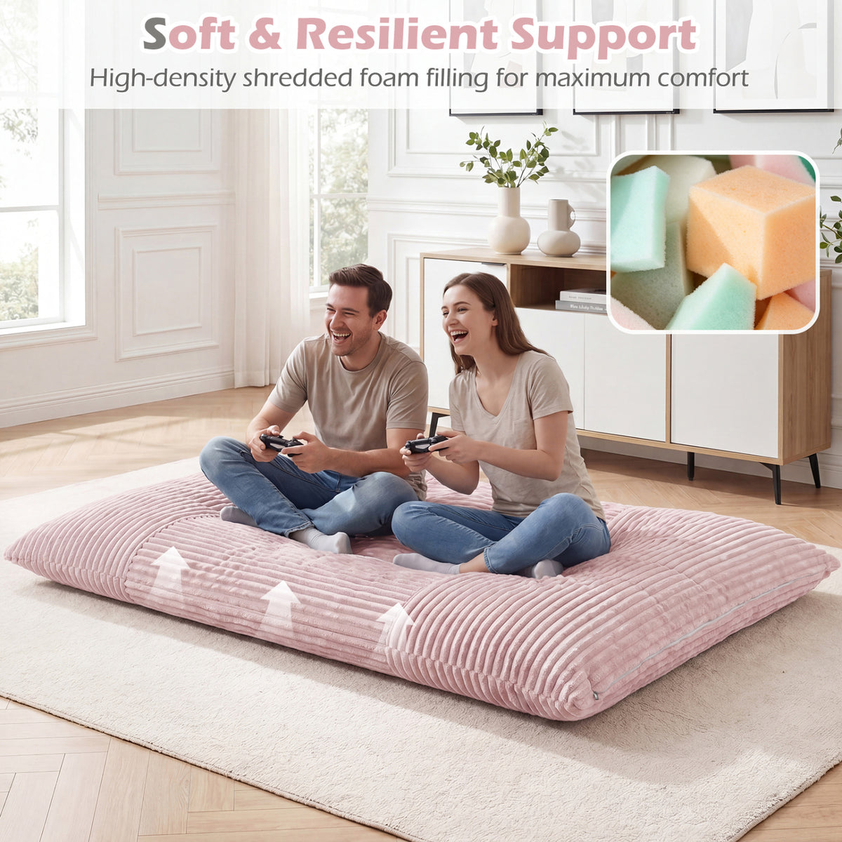Convertible Bean Bag Floor Sofa with Machine-washable Corduroy Cover-Pink view 9