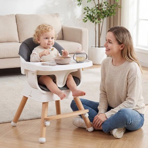 Convertible High Chair for Babies and Toddlers Solid Wood Baby Feeding Chair with 3-Position Adjustable Tray-Gray view 3