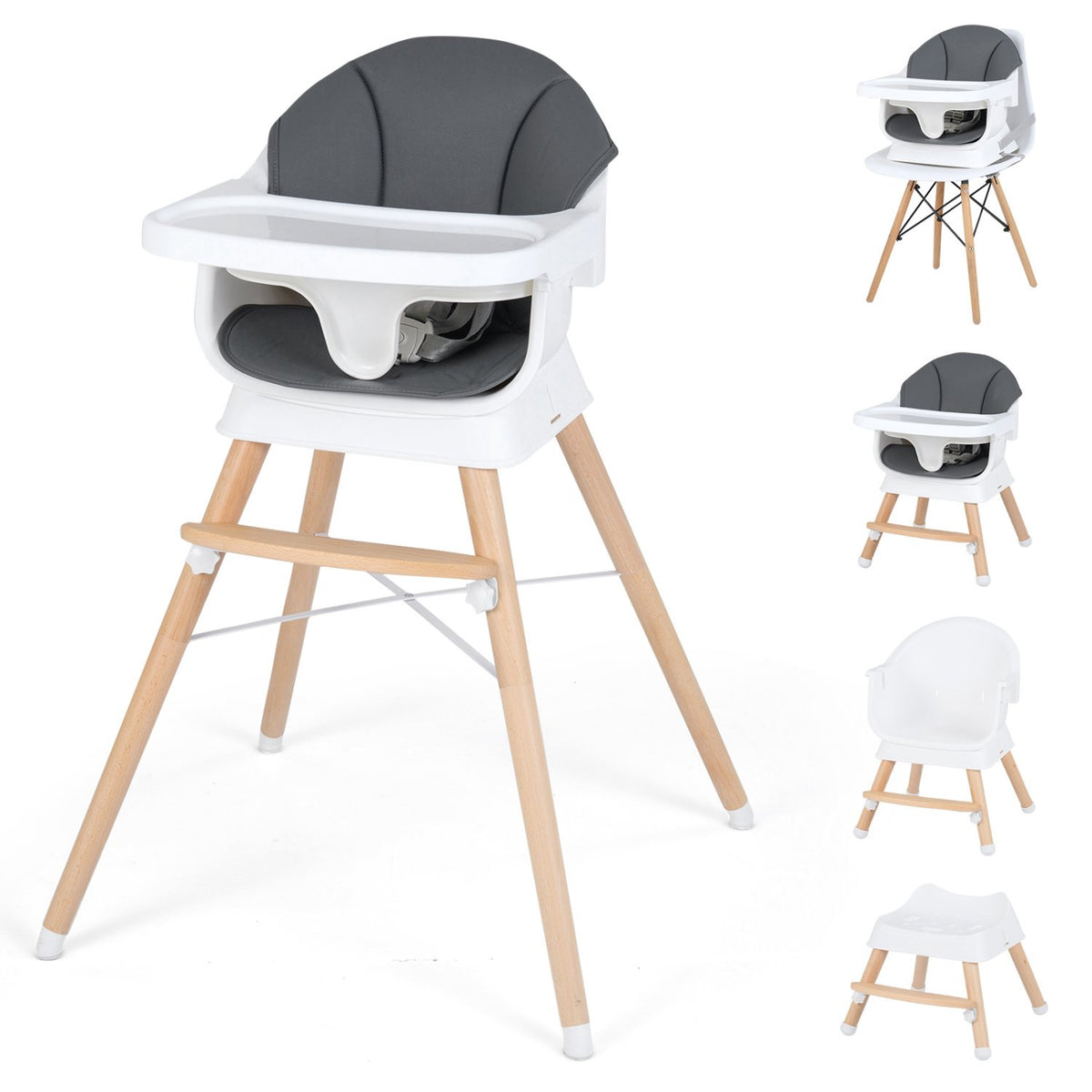 Convertible High Chair for Babies and Toddlers Solid Wood Baby Feeding Chair with 3-Position Adjustable Tray-Gray view 4