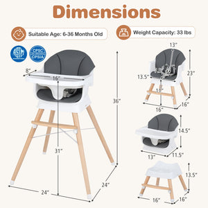 Convertible High Chair for Babies and Toddlers Solid Wood Baby Feeding Chair with 3-Position Adjustable Tray-Gray view 5