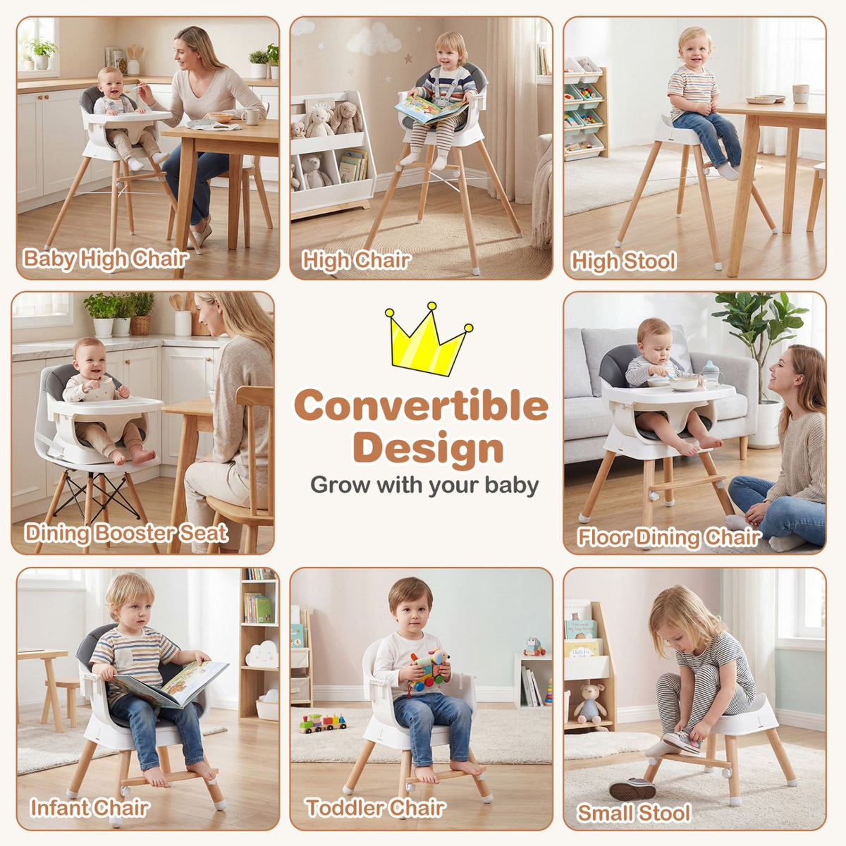 Convertible High Chair for Babies and Toddlers Solid Wood Baby Feeding Chair with 3-Position Adjustable Tray-Gray view 7