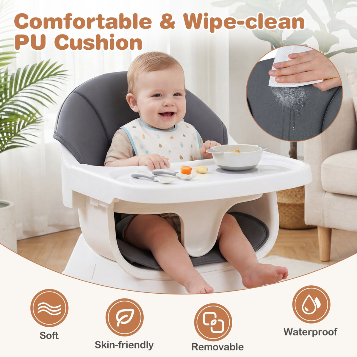 Convertible High Chair for Babies and Toddlers Solid Wood Baby Feeding Chair with 3-Position Adjustable Tray-Gray view 8