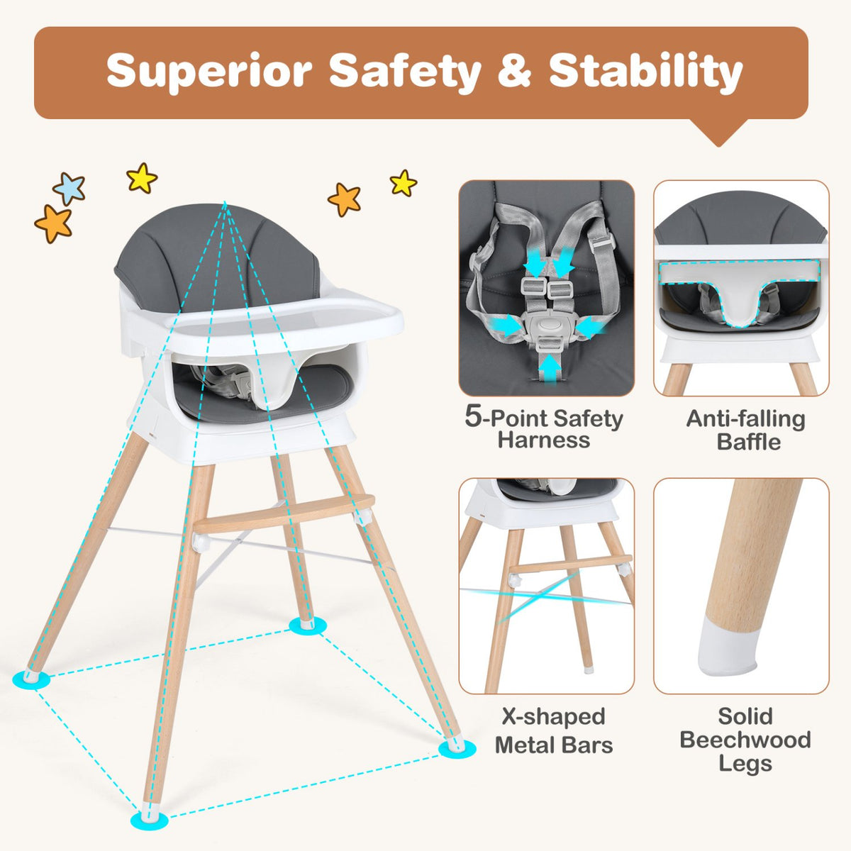 Convertible High Chair for Babies and Toddlers Solid Wood Baby Feeding Chair with 3-Position Adjustable Tray-Gray view 9