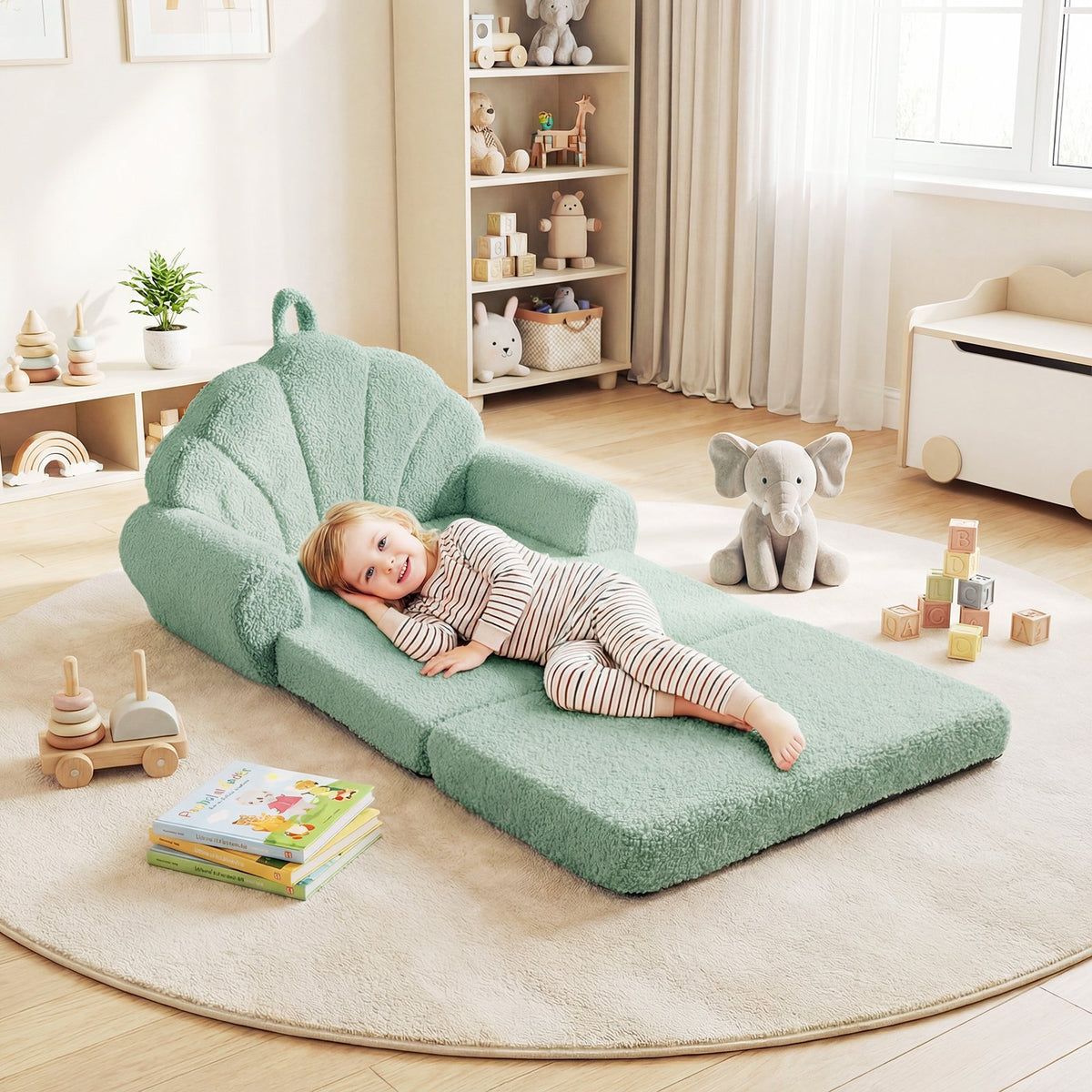 Convertible Kids Sofa 2-in-1 Fold out Toddler Couch Chair-Green view 2