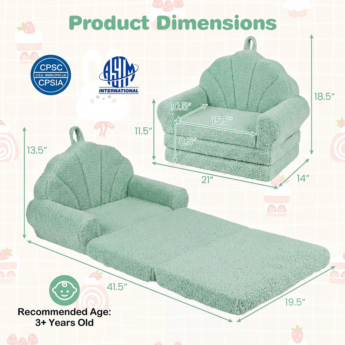 Convertible Kids Sofa 2-in-1 Fold out Toddler Couch Chair-Green view 5
