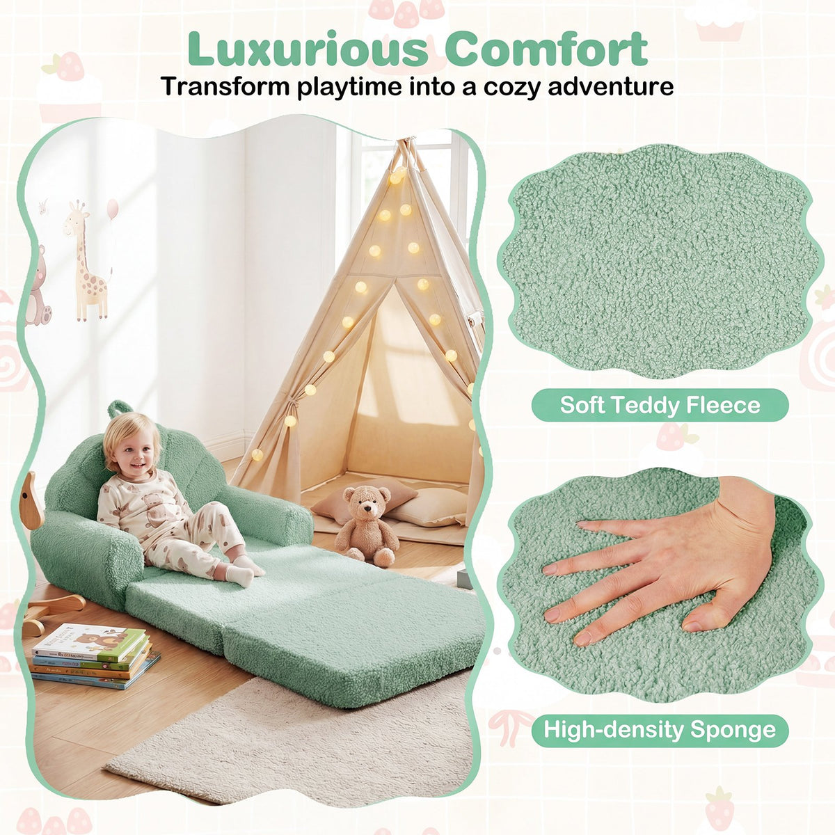 Convertible Kids Sofa 2-in-1 Fold out Toddler Couch Chair-Green view 6
