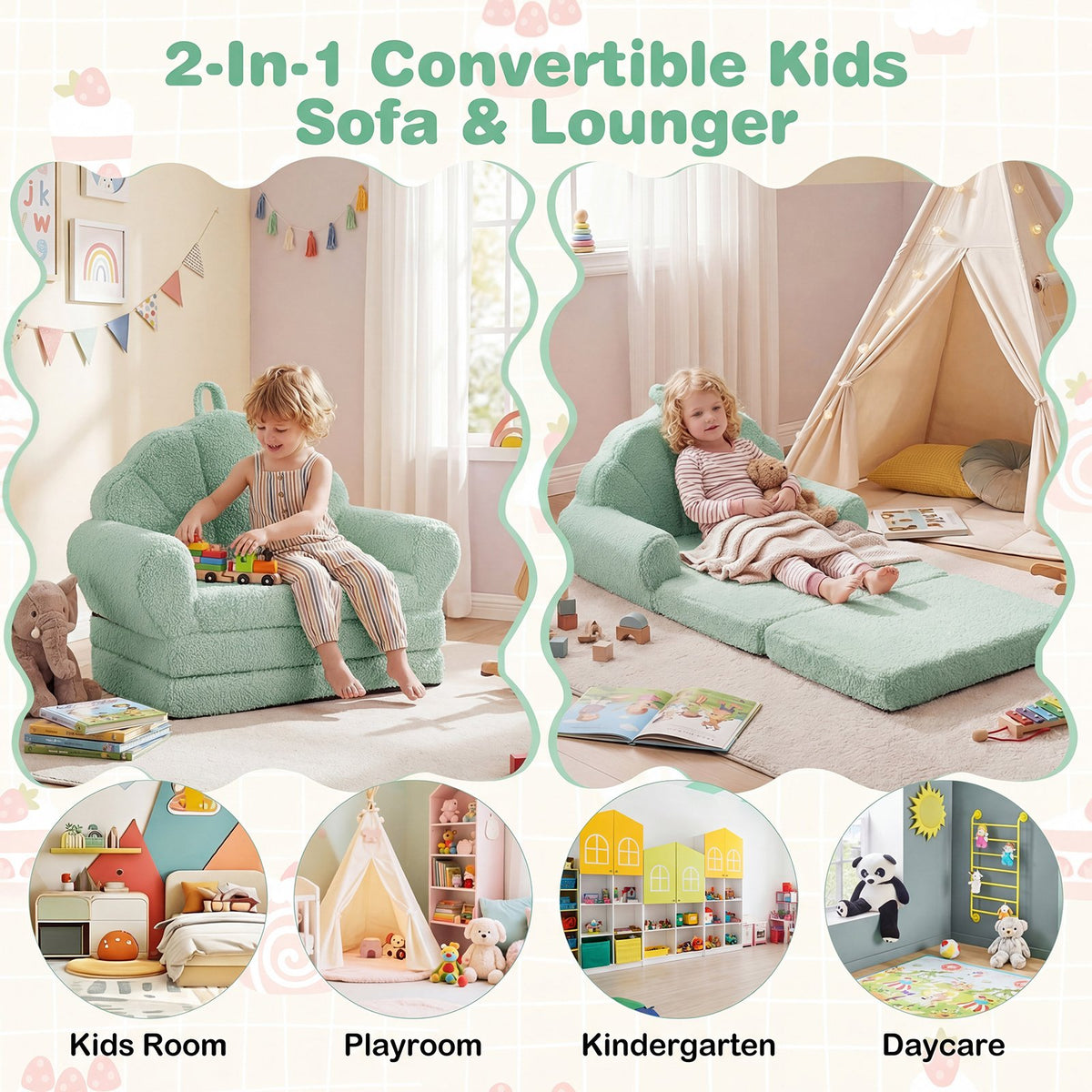 Convertible Kids Sofa 2-in-1 Fold out Toddler Couch Chair-Green view 7