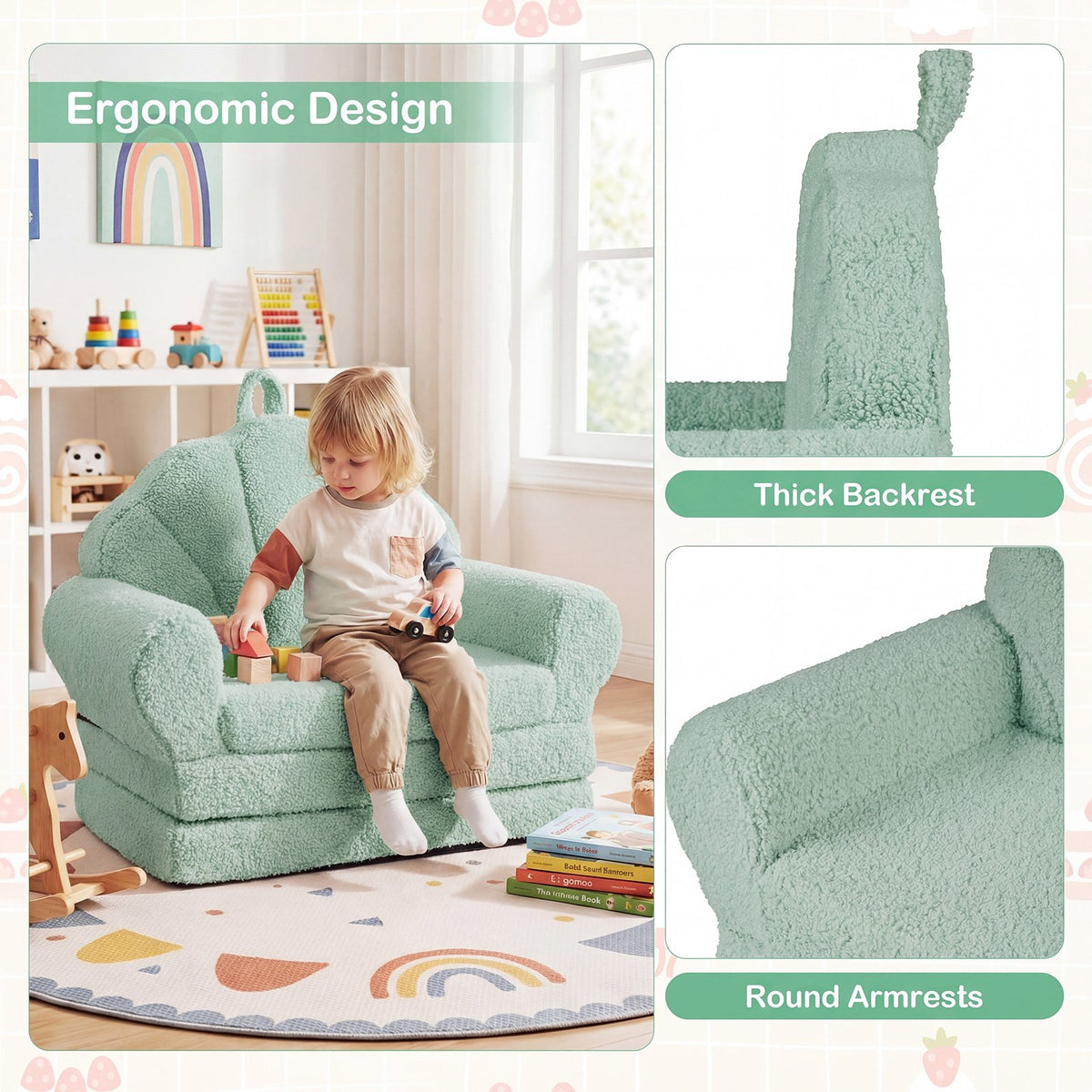 Convertible Kids Sofa 2-in-1 Fold out Toddler Couch Chair-Green view 8