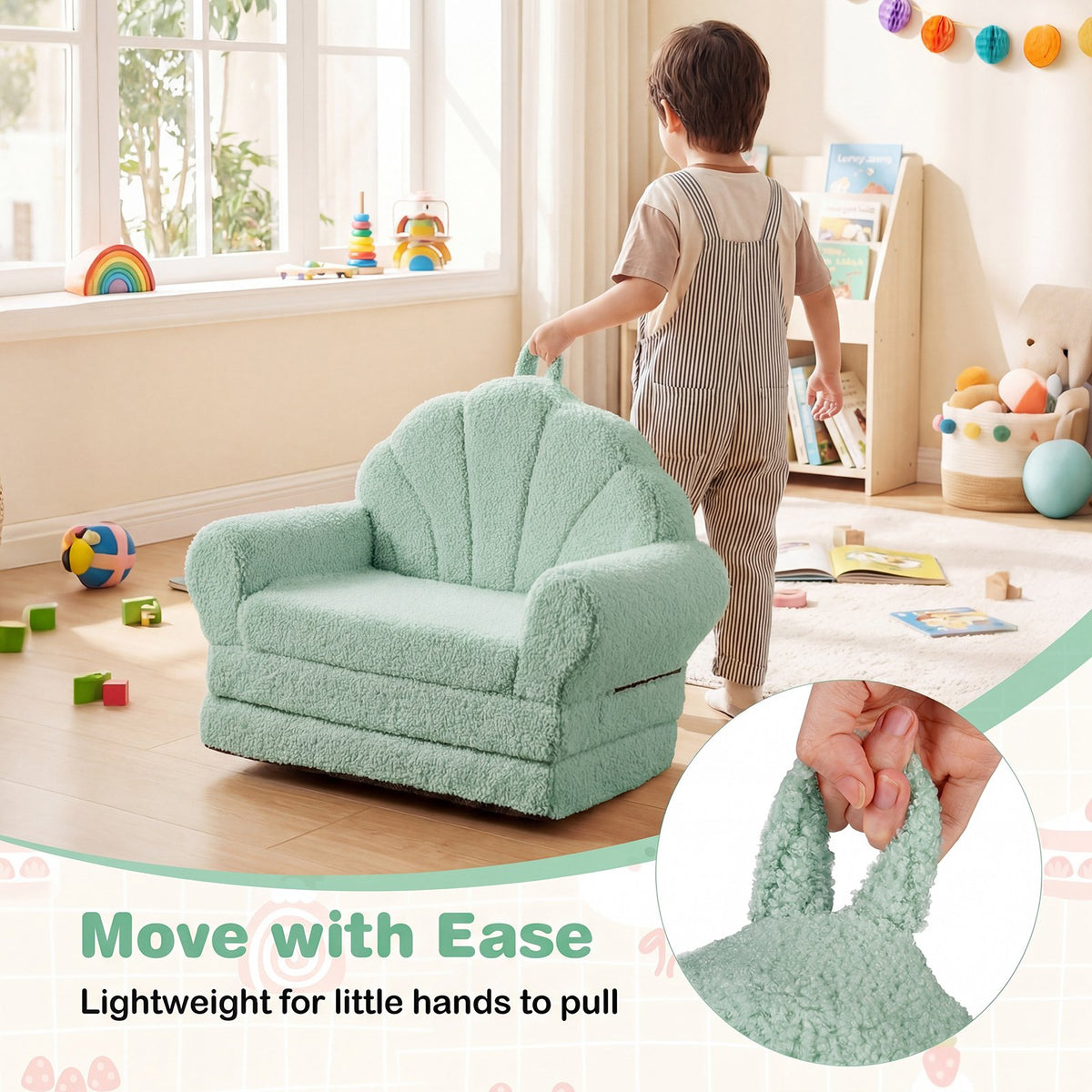 Convertible Kids Sofa 2-in-1 Fold out Toddler Couch Chair-Green view 9