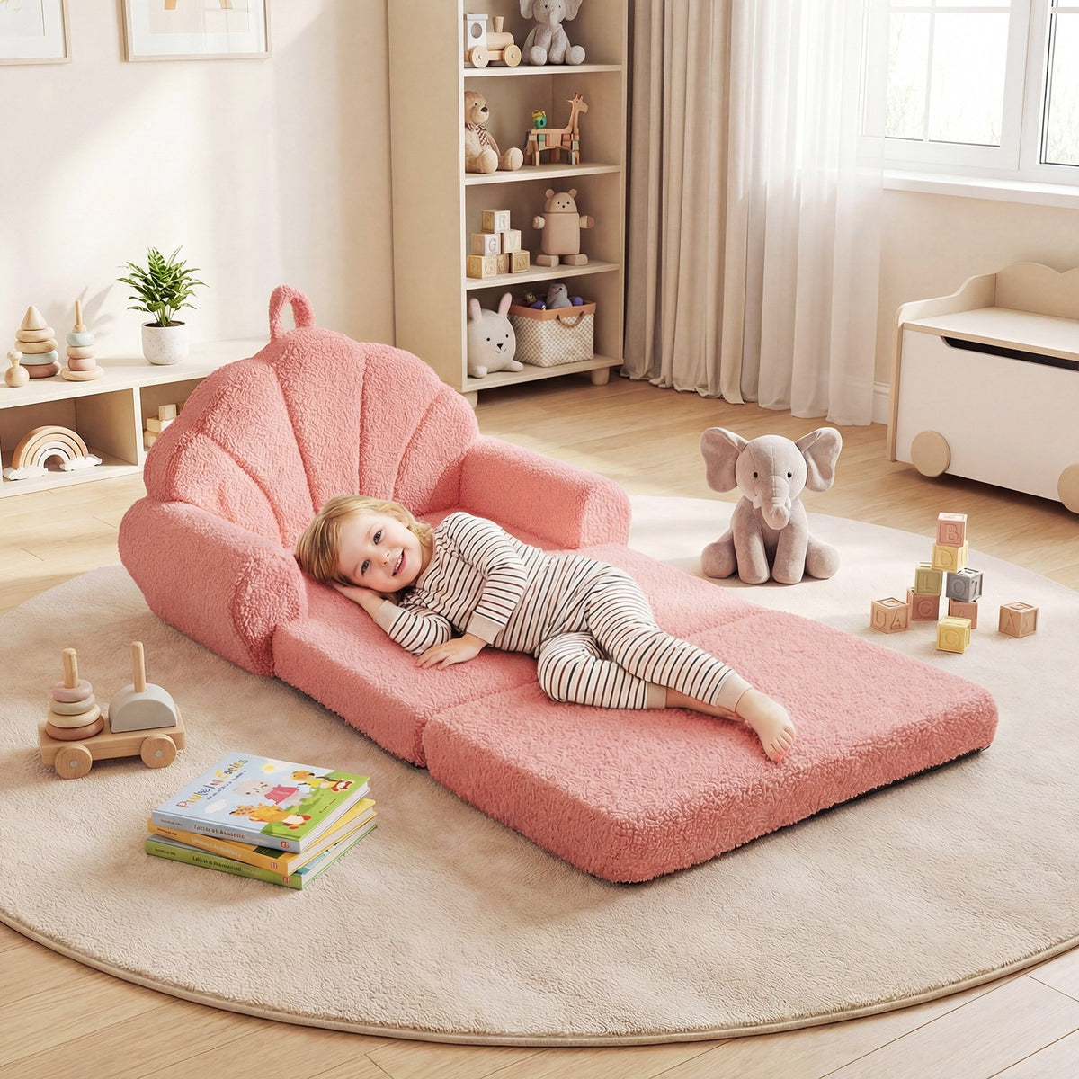 Convertible Kids Sofa 2-in-1 Fold out Toddler Couch Chair-Pink view 2