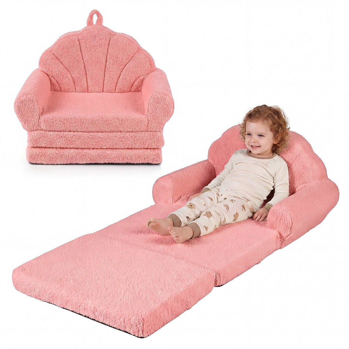 Convertible Kids Sofa 2-in-1 Fold out Toddler Couch Chair-Pink view 4