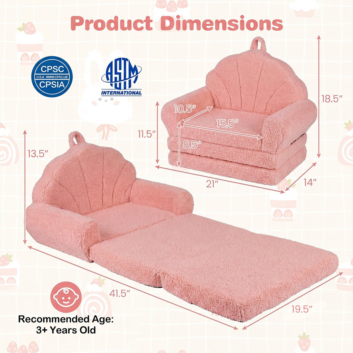 Convertible Kids Sofa 2-in-1 Fold out Toddler Couch Chair-Pink view 5