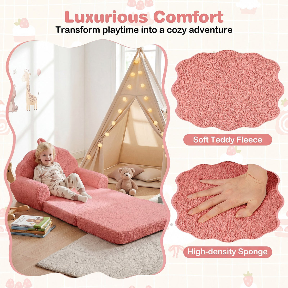 Convertible Kids Sofa 2-in-1 Fold out Toddler Couch Chair-Pink view 6