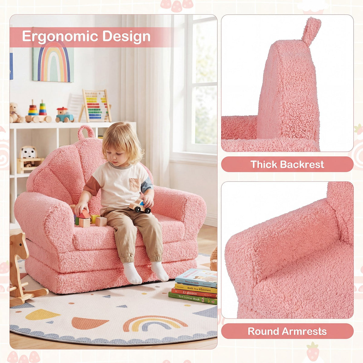 Convertible Kids Sofa 2-in-1 Fold out Toddler Couch Chair-Pink view 8