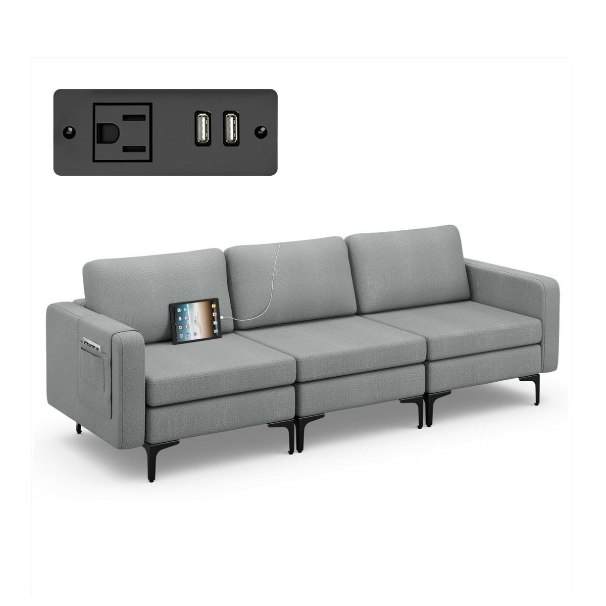 Convertible Leather Sofa Couch with Magazine Pockets 3-Seat with 2 USB Port-Dark Gray view 4