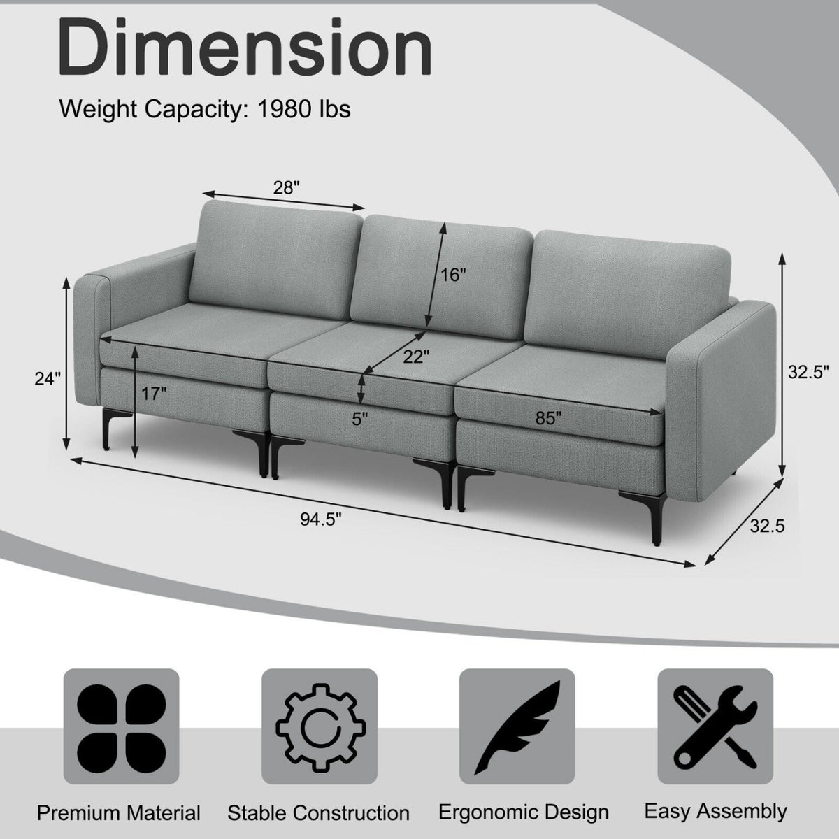 Convertible Leather Sofa Couch with Magazine Pockets 3-Seat with 2 USB Port-Dark Gray view 5
