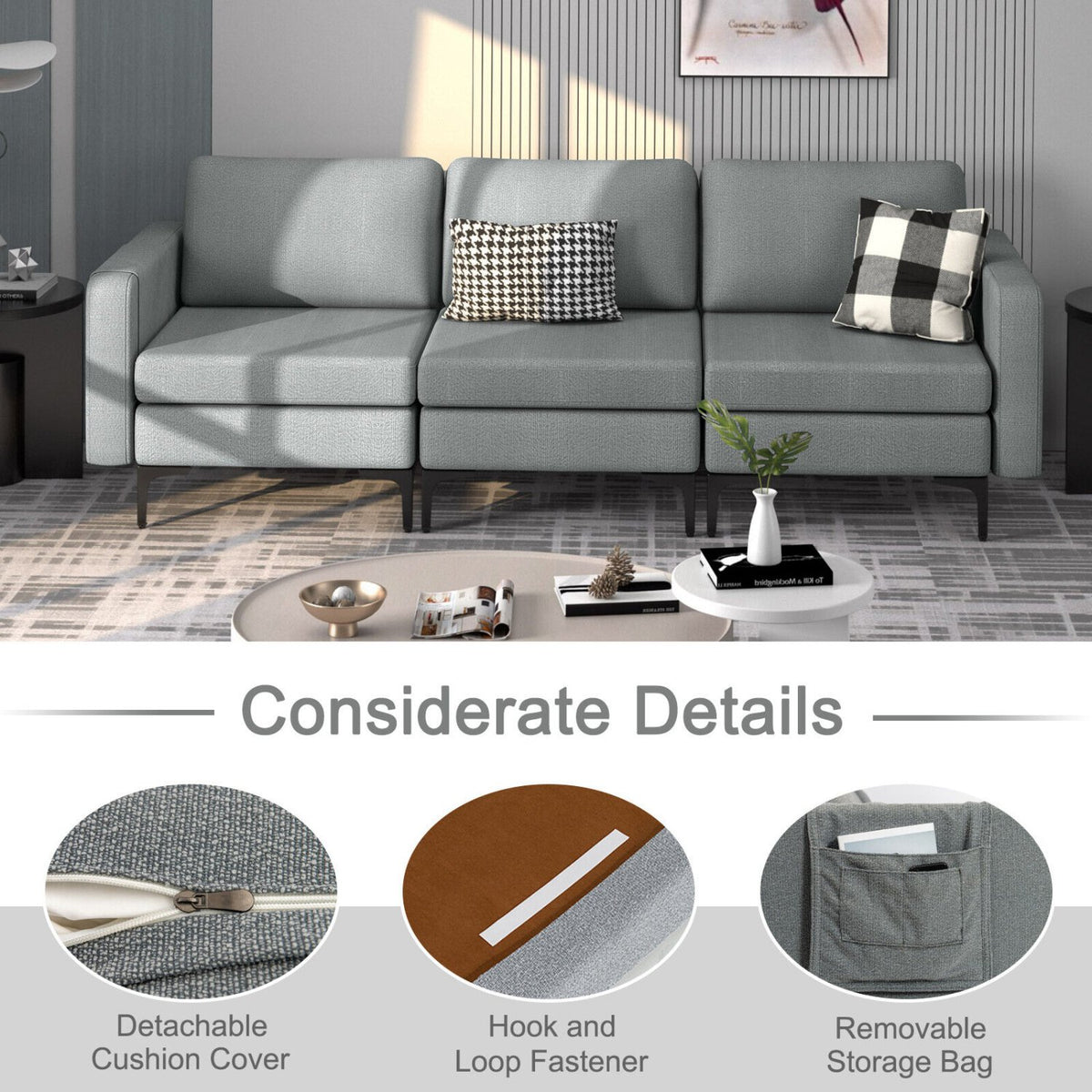 Convertible Leather Sofa Couch with Magazine Pockets 3-Seat with 2 USB Port-Dark Gray view 9
