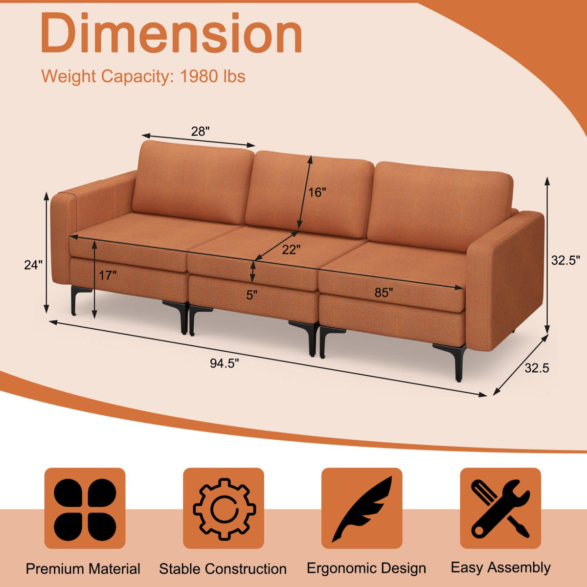Convertible Leather Sofa Couch with Magazine Pockets 3-Seat with 2 USB Port-Orange view 4