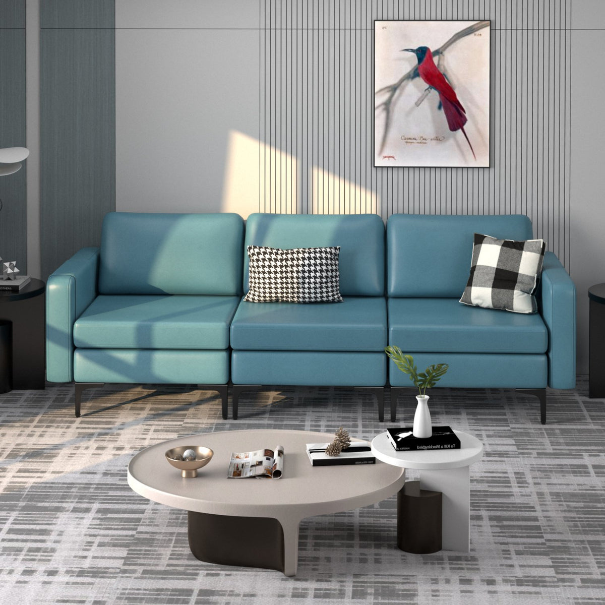 Convertible Leather Sofa Couch with Magazine Pockets 3-Seat with 2 USB Port-Blue view 3