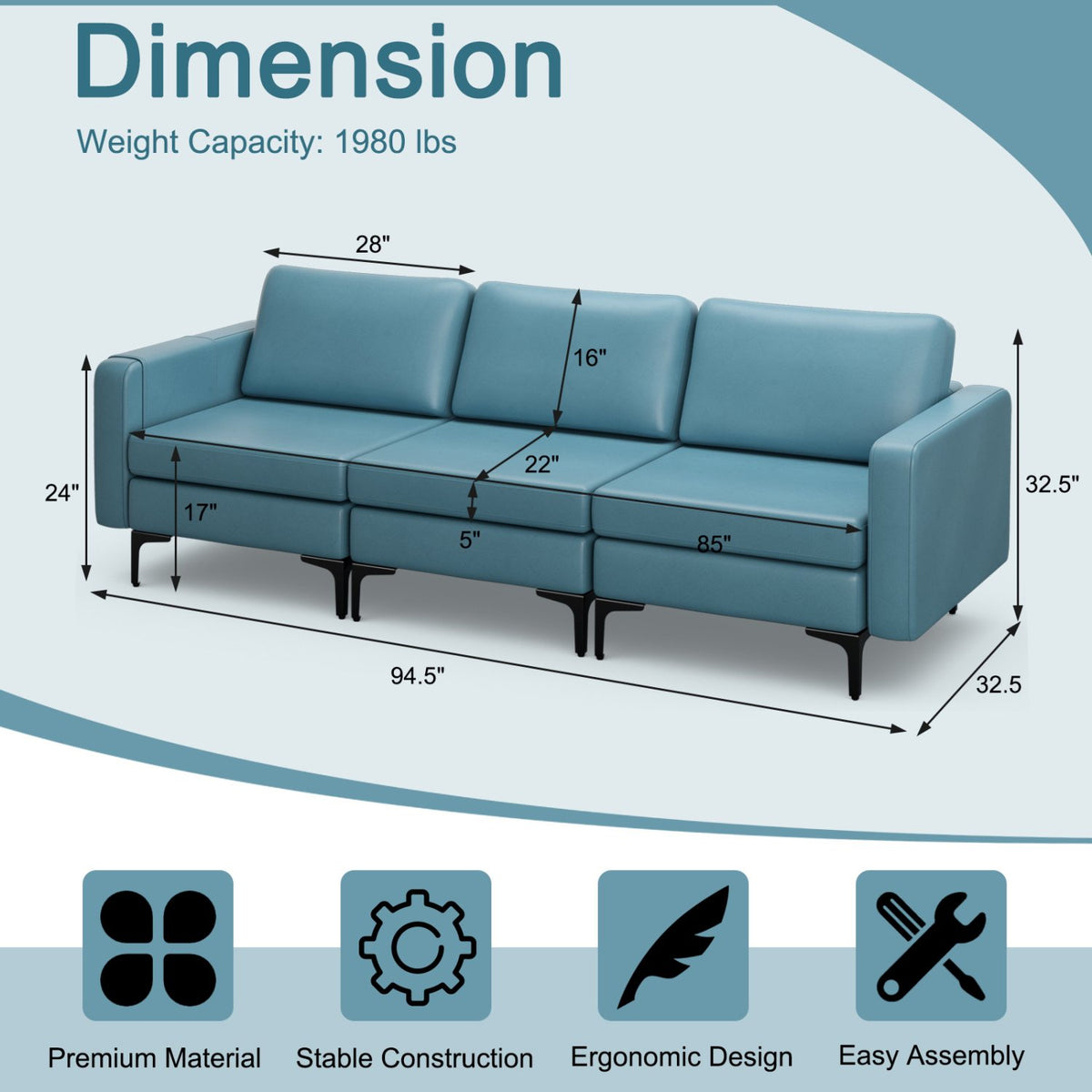 Convertible Leather Sofa Couch with Magazine Pockets 3-Seat with 2 USB Port-Blue view 5