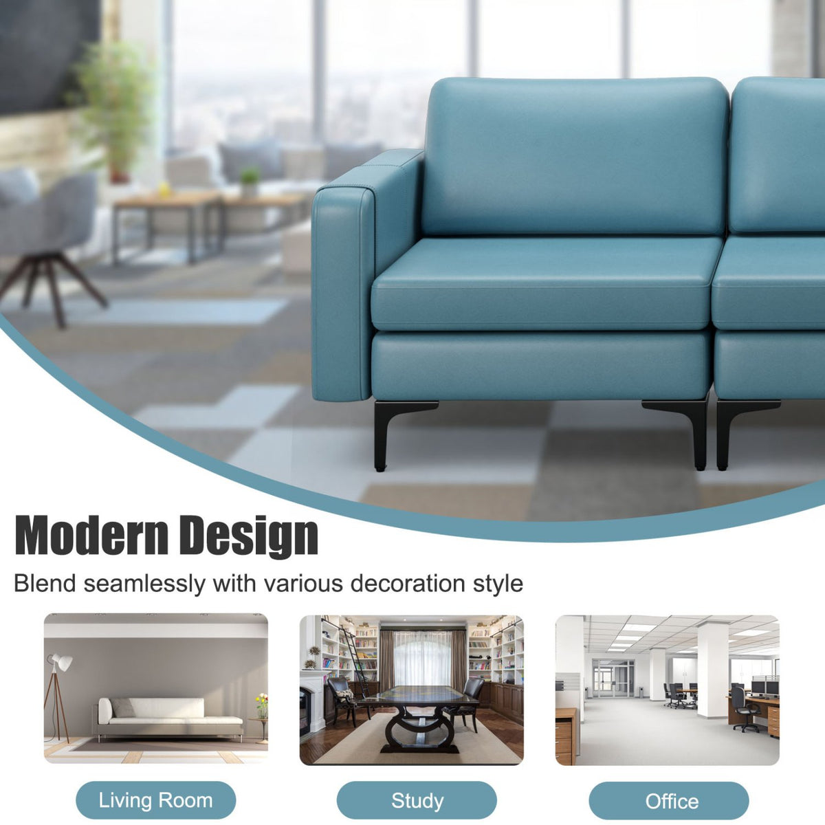 Convertible Leather Sofa Couch with Magazine Pockets 3-Seat with 2 USB Port-Blue view 8
