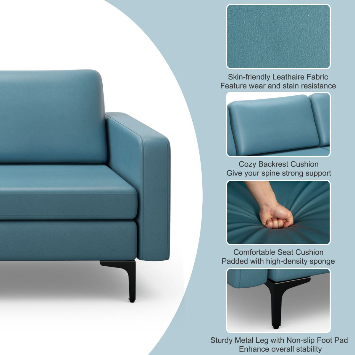 Convertible Leather Sofa Couch with Magazine Pockets 3-Seat with 2 USB Port-Blue view 9